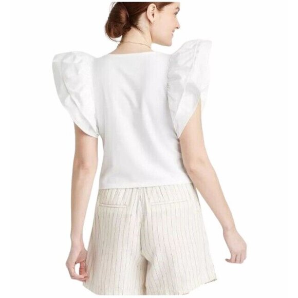⭐Womens Crop Top blouse Double Flutter Short Sleeve L Slim Fit White Cotton New - Picture 2 of 8